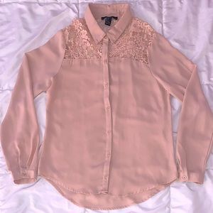 Forever 21 Peach Longsleeve Floral Lace Button Down / Button Up Blouse Shirt Top